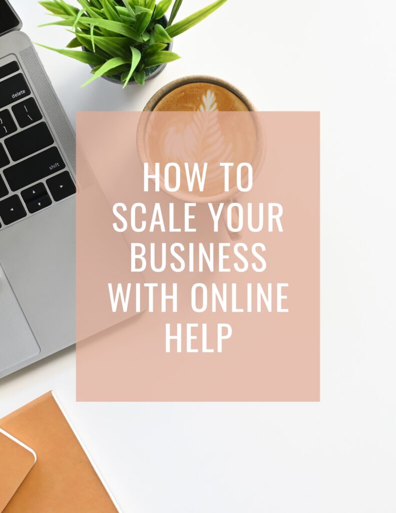 A flat lay image of a laptop, notebook, coffee cup, and a plant on a white desk, with the text "How to Scale Your Business with Online Help" overlaid on the image.